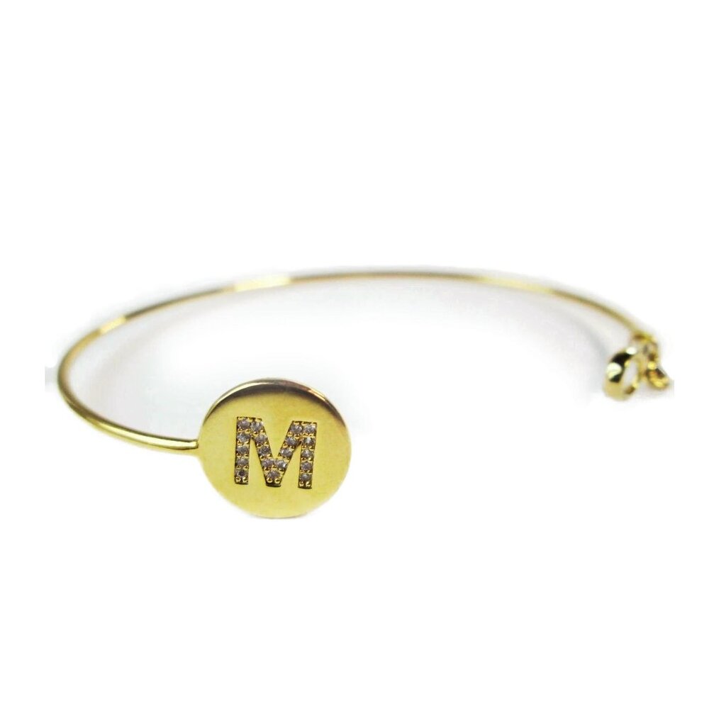 TAI 'M' Initial Gold Plated Monogram Open Cuff W/ CZ Accent Bracelet Minimal